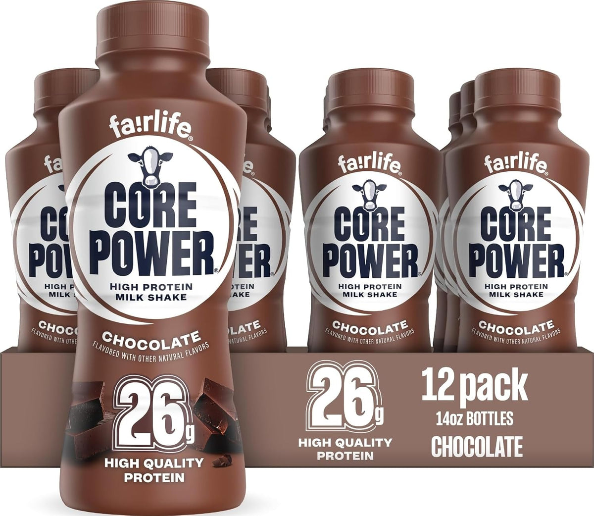 Core Power Protein Shake, Chocolate, 26g Bottle, 14oz, 12 Pack