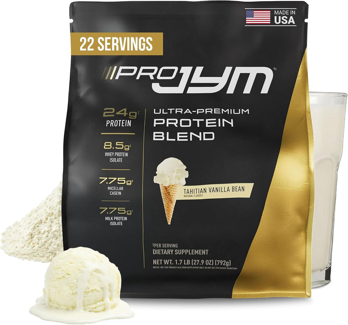 JYM Tahitian Vanilla Bean Whey & Casein Protein Powder, 1.7 lb, 22 Servings