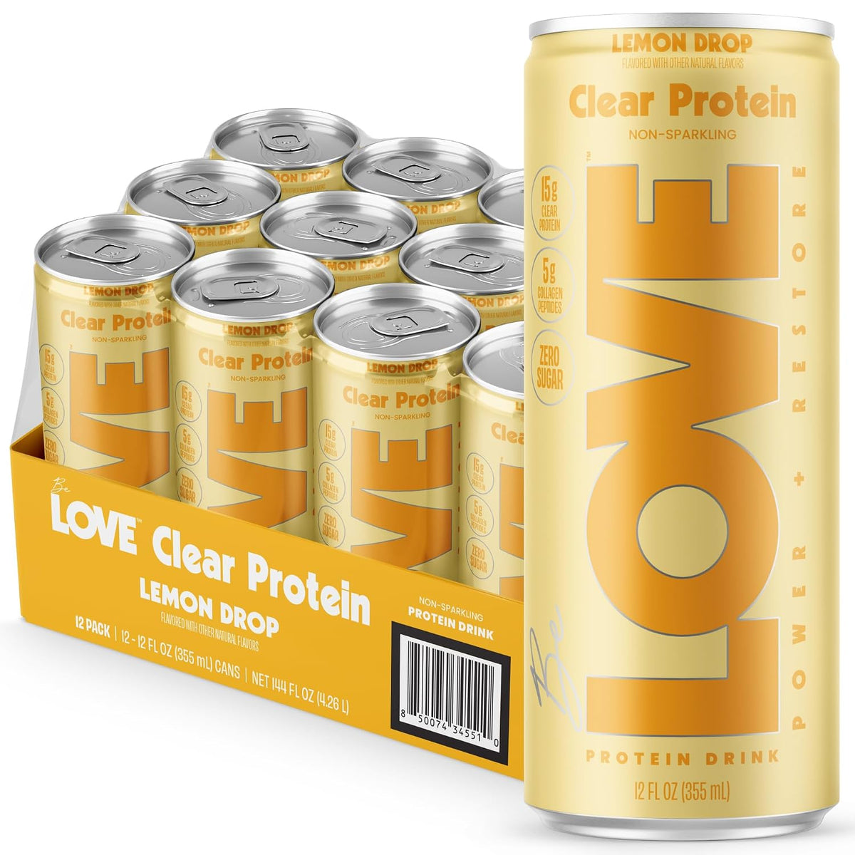Be LOVE™ Clear Protein Drink – 15g Whey Isolate and Collagen for Clean, Refreshing Nutrition – Zero Sugar, 100% DV Vitamin B6, C, Biotin, Zinc – Ready to Drink 12 fl oz (Pack of 12) (Lemon Drop)
