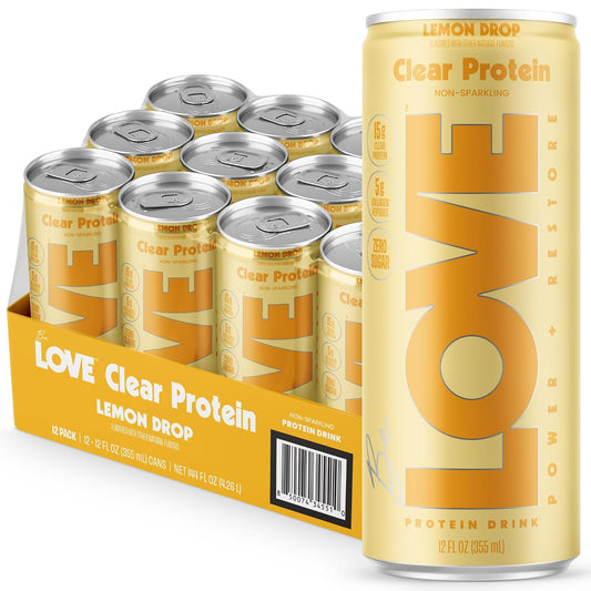 Be LOVE™ Clear Protein Drink – 15g Whey Isolate and Collagen for Clean, Refreshing Nutrition – Zero Sugar, 100% DV Vitamin B6, C, Biotin, Zinc – Ready to Drink 12 fl oz (Pack of 12) (Lemon Drop)