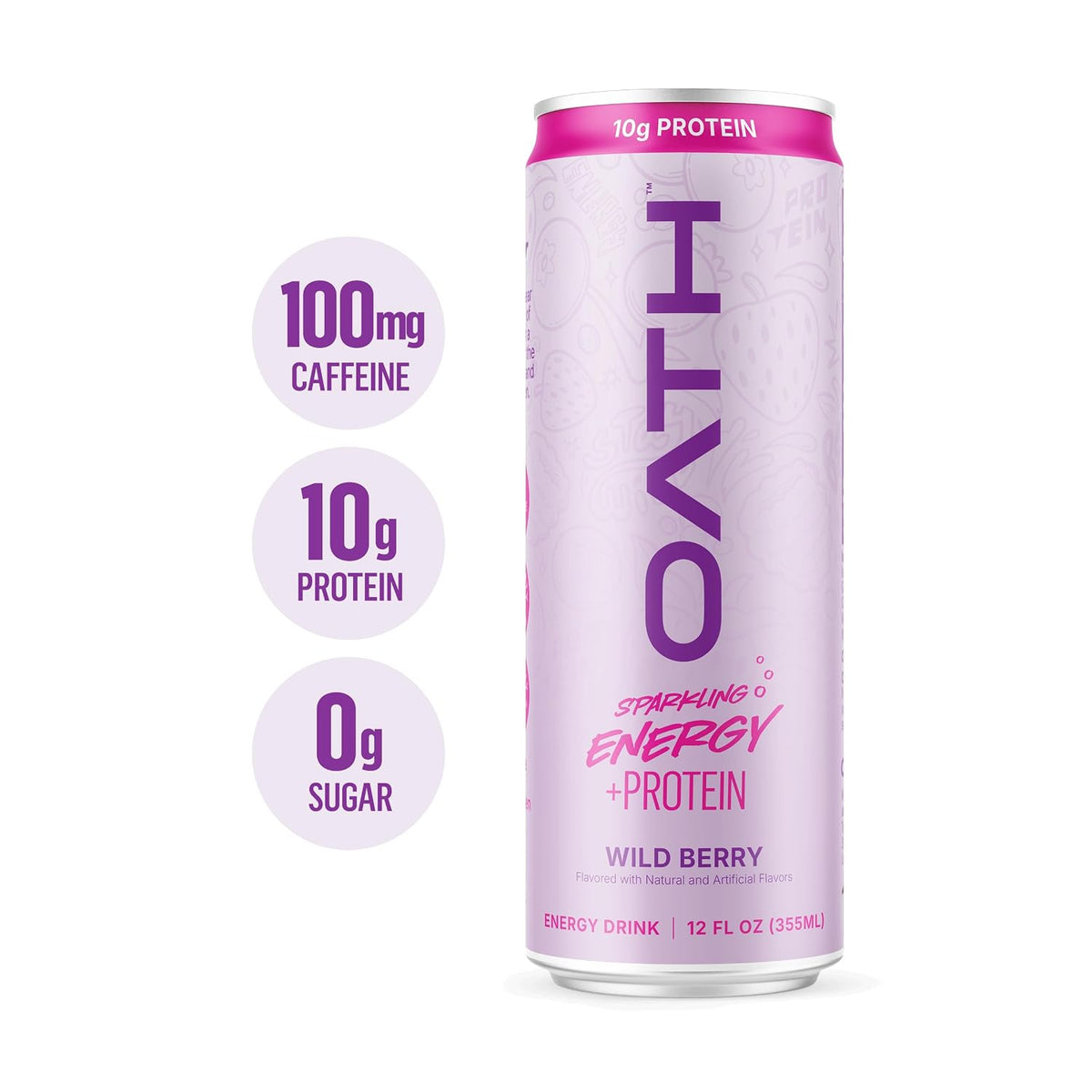 Oath Nutrition Sparkling Energy + Protein Drink, Wild Berry Flavored, Sugar-Free Energy Drink with 10g of Complete Protein, 100mg of Natural Caffeine, 12 Ounces (12 Pack)