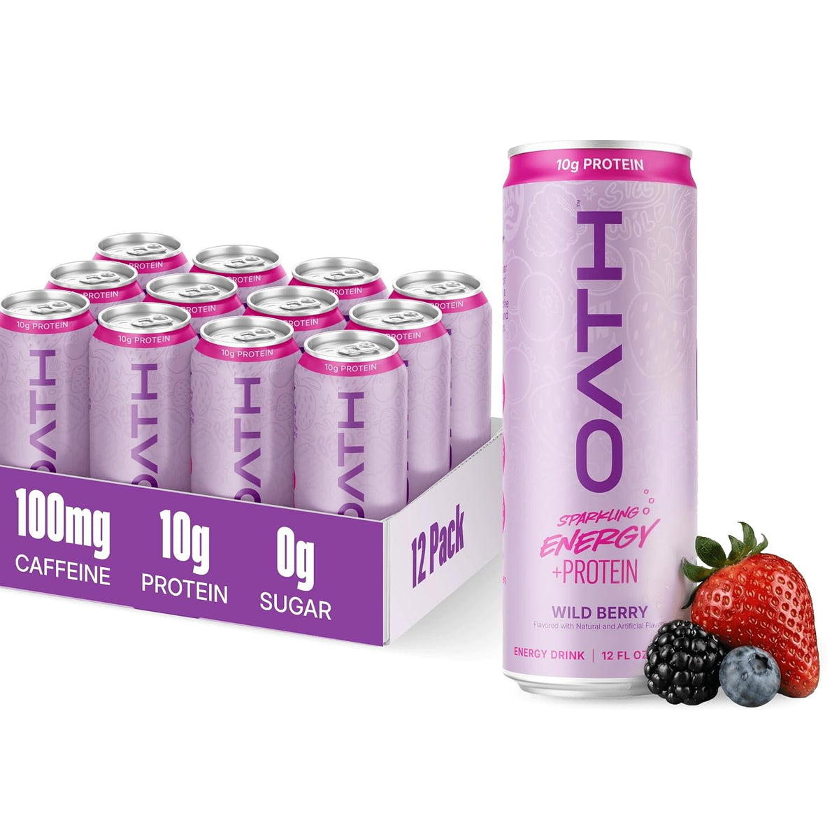 Oath Nutrition Sparkling Energy + Protein Drink, Wild Berry Flavored, Sugar-Free Energy Drink with 10g of Complete Protein, 100mg of Natural Caffeine, 12 Ounces (12 Pack)