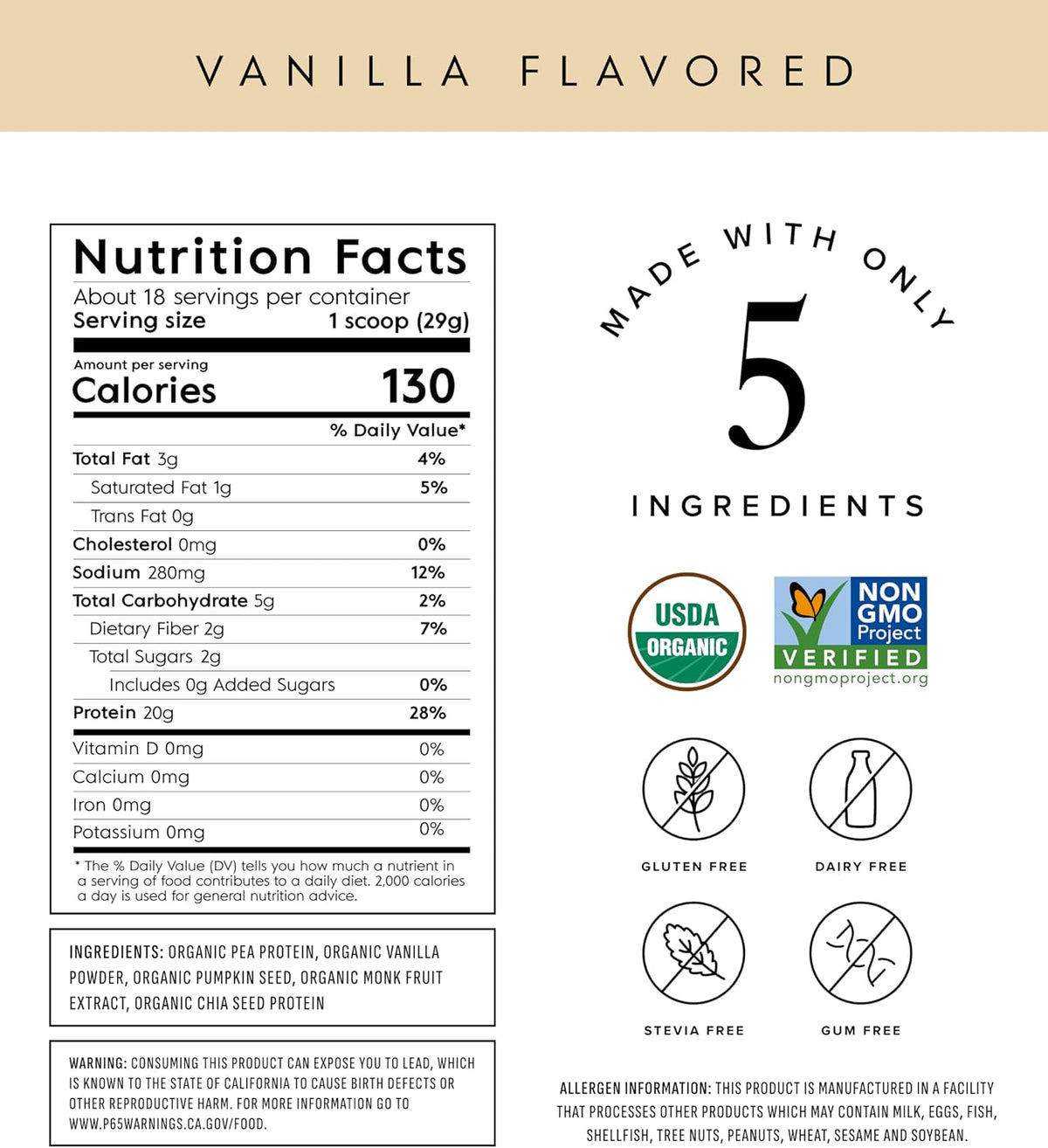 Truvani Organic Plant Based Protein Powder | Vanilla | 18 Servings
