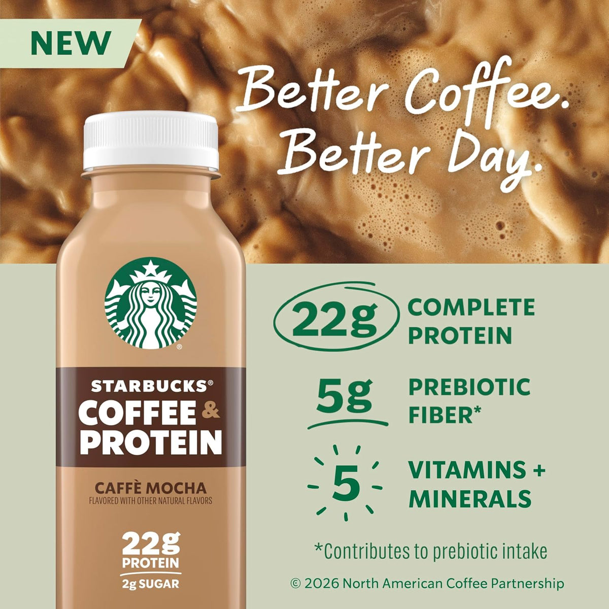 Starbucks Coffee & Protein, Caffe Mocha, 12 fl oz Bottles, (12 Pack), 22g Protein, 2g Sugar, No Added Sugar, 5g Prebiotic Fiber, High Protein Iced Coffee