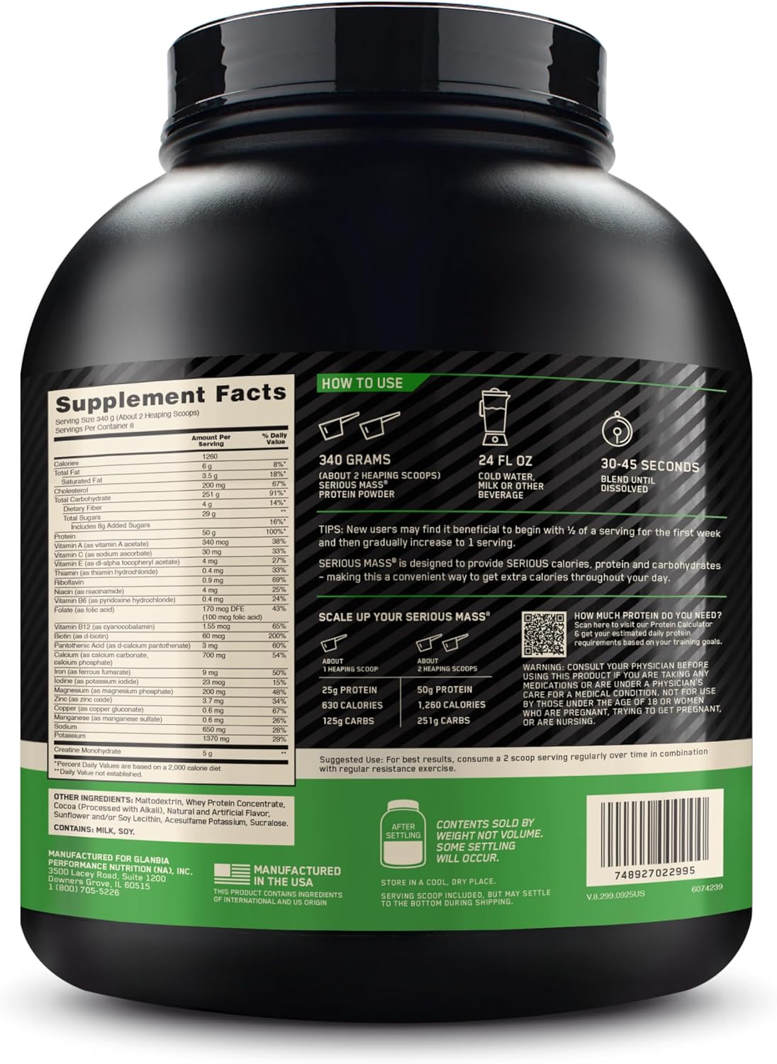 Optimum Nutrition Serious Mass Weight Gainer Protein Powder, Chocolate, 6LB