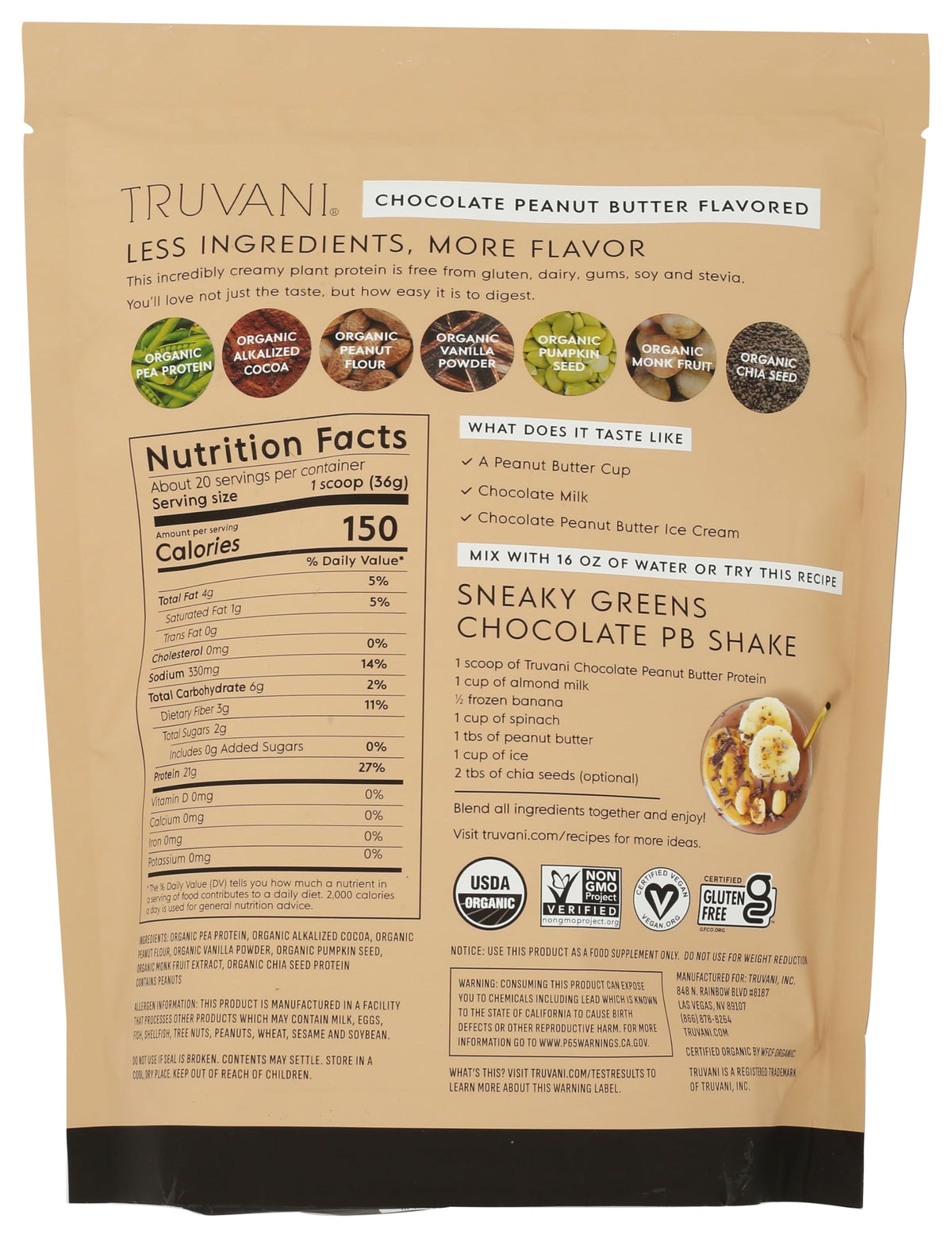 Truvani Organic Plant Based Protein Powder | Vanilla | 18 Servings