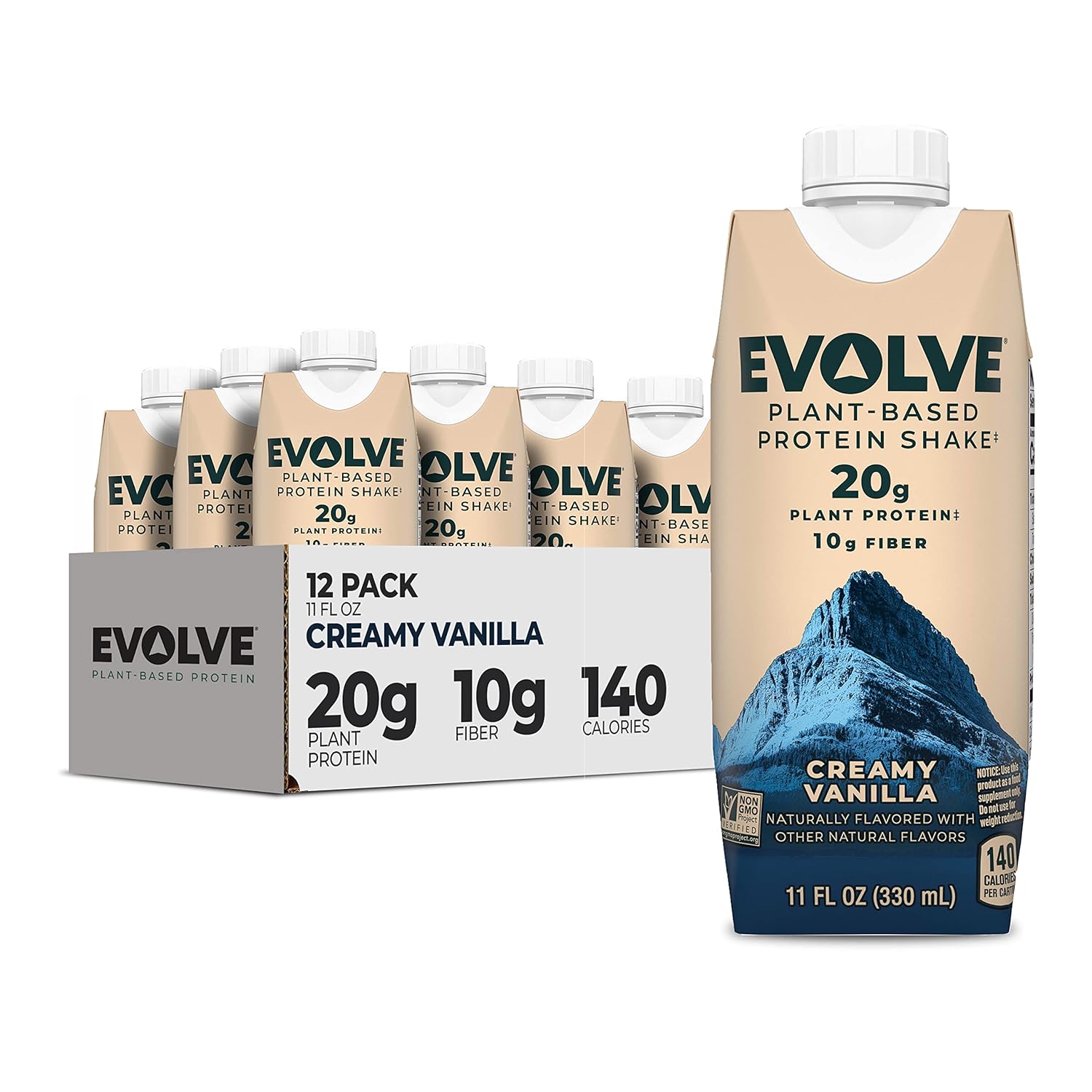 Evolve Plant Based Protein Shake, Vanilla Bean, 20g Vegan Protein, Dairy Free, No Artificial Sweeteners, Non-GMO, 10g Fiber, 11 Fl Oz (Pack of 12) (Formula May Vary)