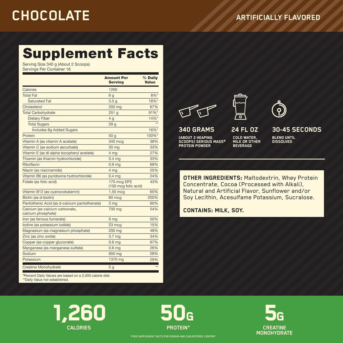 Optimum Nutrition Serious Mass Weight Gainer Protein Powder, Chocolate, 6LB