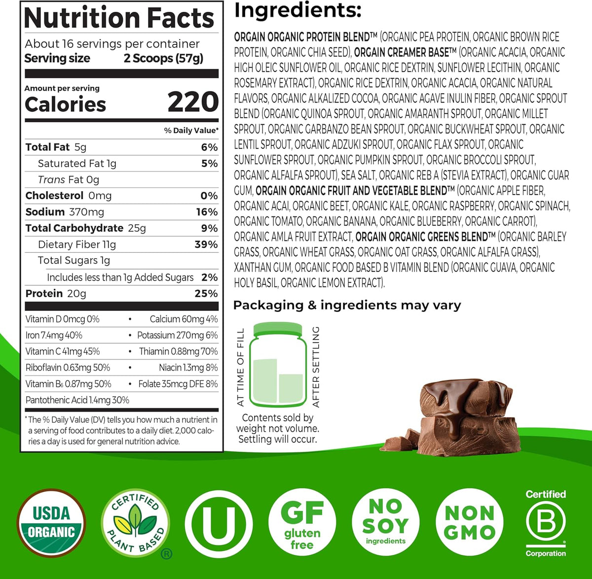 Orgain Organic 20g Meal Protein Powder, Vegan, Chocolate Fudge, 2.01 lb